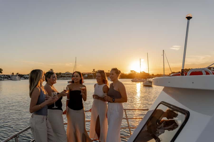 Sunshine Coast: Mooloolaba River Sunset Cruise - Out toward the river mouth and Noosa Headland